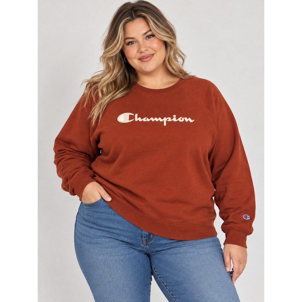 Champion Womens 2XL Crewneck Sweatshirt Rust Brown Script Logo Athletic